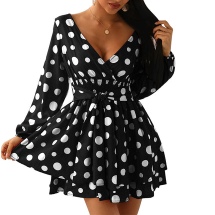 Women's Long Sleeve Tie Waist V Neck Ruffled Mini Dress