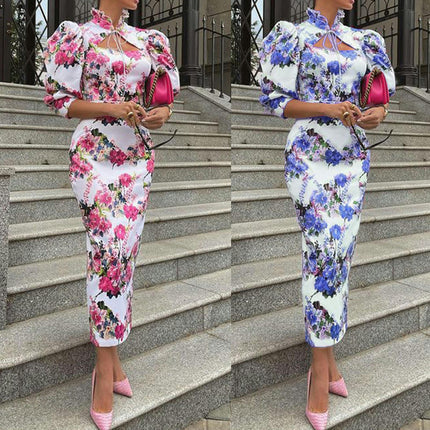 Women Sexy Floral Puff Short Sleeve Midi Bodycon Dress