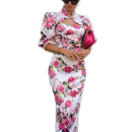 Women Sexy Floral Puff Short Sleeve Midi Bodycon Dress