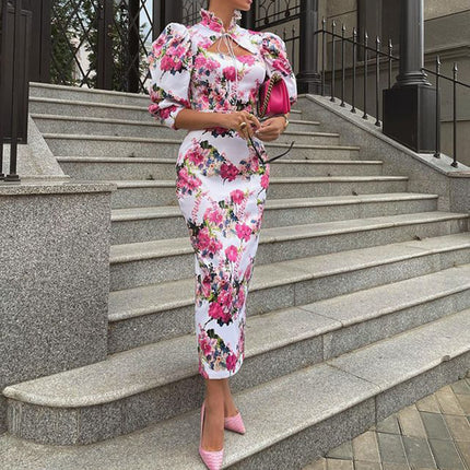 Women Sexy Floral Puff Short Sleeve Midi Bodycon Dress