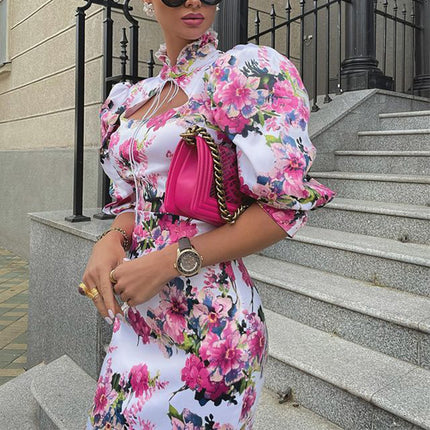 Women Sexy Floral Puff Short Sleeve Midi Bodycon Dress