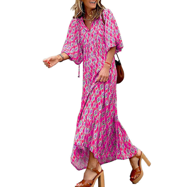 Women's Summer Boho Maxi Dress Short Sleeve V Neck Ruffle Tiered Flowy Long Dresses