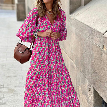 Women's Summer Boho Maxi Dress Short Sleeve V Neck Ruffle Tiered Flowy Long Dresses