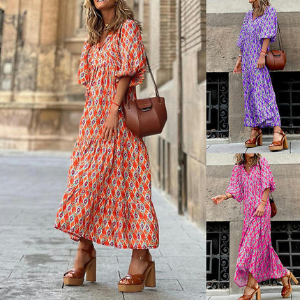 Women's Summer Boho Maxi Dress Short Sleeve V Neck Ruffle Tiered Flowy Long Dresses