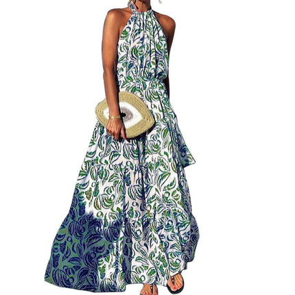 Women's Summer Floral Maxi Dress Sleeveless Halter Neck Flowy Ruffle Hem Long Boho Dresses