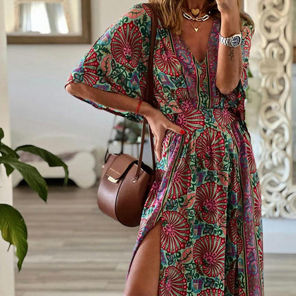 Women's Casual Summer Boho Floral Print Dress V Neck Short Sleeve High Waist Maxi Dresses