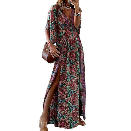 Women's Casual Summer Boho Floral Print Dress V Neck Short Sleeve High Waist Maxi Dresses