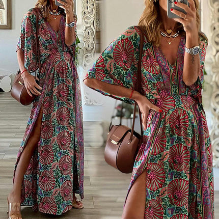 Women's Casual Summer Boho Floral Print Dress V Neck Short Sleeve High Waist Maxi Dresses