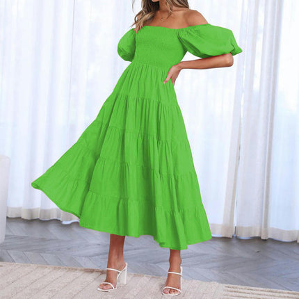 Women's Summer Square Neck Puff Sleeve Midi Dress Ruffle Flowy Dress