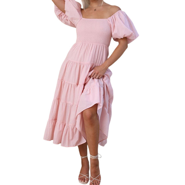 Women's Summer Square Neck Puff Sleeve Midi Dress Ruffle Flowy Dress