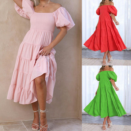 Women's Summer Square Neck Puff Sleeve Midi Dress Ruffle Flowy Dress