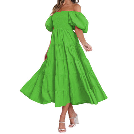 Women's Summer Square Neck Puff Sleeve Midi Dress Ruffle Flowy Dress