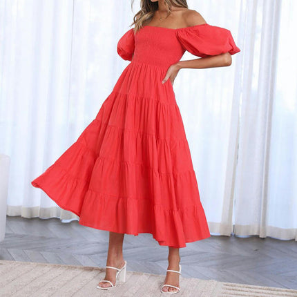 Women's Summer Square Neck Puff Sleeve Midi Dress Ruffle Flowy Dress