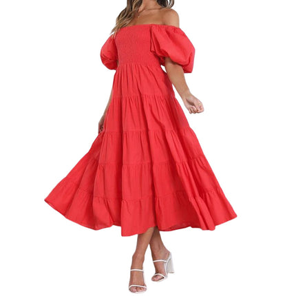 Women's Summer Square Neck Puff Sleeve Midi Dress Ruffle Flowy Dress