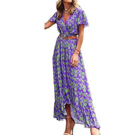 Women's Summer Floral Print Dresses V Neck Short Sleeves Tie Waist Long Dress