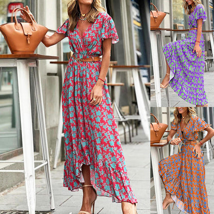 Women's Summer Floral Print Dresses V Neck Short Sleeves Tie Waist Long Dress