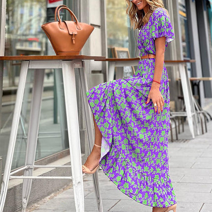 Women's Summer Floral Print Dresses V Neck Short Sleeves Tie Waist Long Dress