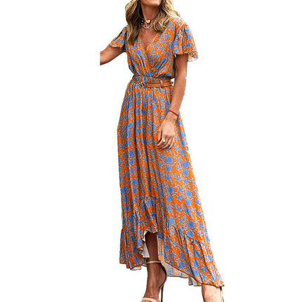 Women's Summer Floral Print Dresses V Neck Short Sleeves Tie Waist Long Dress