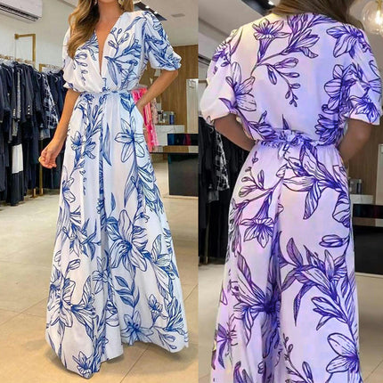 Women's Summer Boho Floral Print V-Neck Short Sleeve Maxi Dress