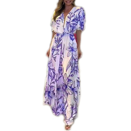 Women's Summer Boho Floral Print V-Neck Short Sleeve Maxi Dress