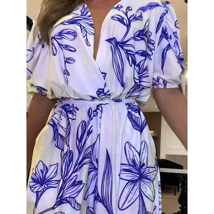 Women's Summer Boho Floral Print V-Neck Short Sleeve Maxi Dress