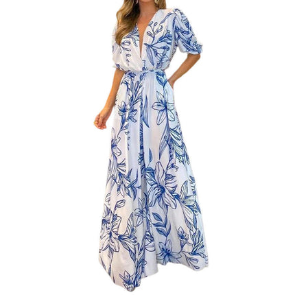 Women's Summer Boho Floral Print V-Neck Short Sleeve Maxi Dress