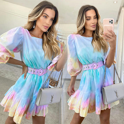 Women's Summer Dress Short Sleeve Round Neck Ruffle Hem Mini Dresses