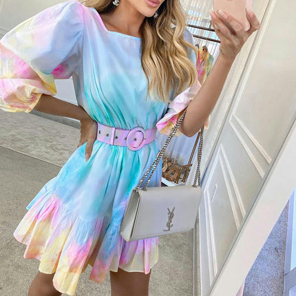 Women's Summer Dress Short Sleeve Round Neck Ruffle Hem Mini Dresses