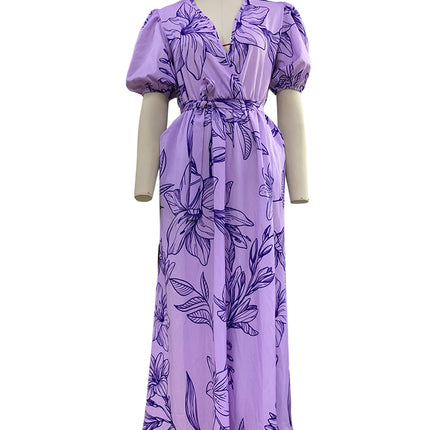 Women's Summer Boho Floral Print V-Neck Short Sleeve Maxi Dress