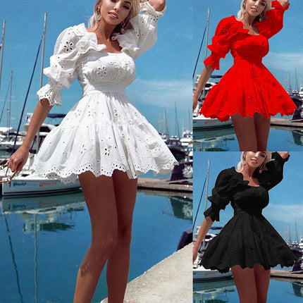 Women's Summer Puff Sleeve Short Mini Dresses Square Neck A-Line Dress