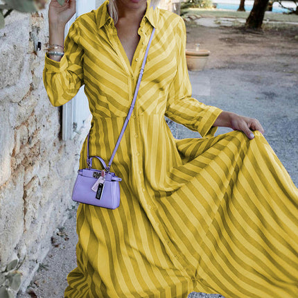 Women's Long Sleeve V Neck Stripe Print Button Down Flowy Maxi Dress