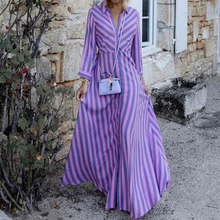 Women's Long Sleeve V Neck Stripe Print Button Down Flowy Maxi Dress