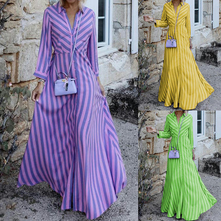 Women's Long Sleeve V Neck Stripe Print Button Down Flowy Maxi Dress