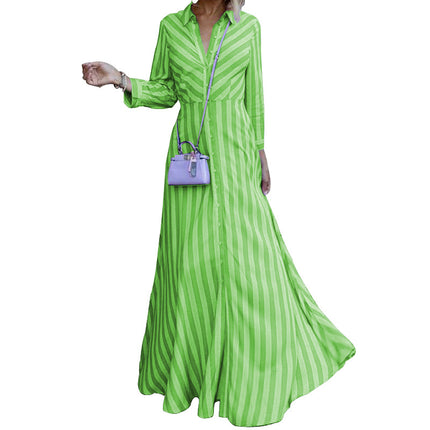 Women's Long Sleeve V Neck Stripe Print Button Down Flowy Maxi Dress