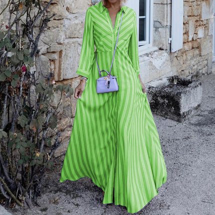 Women's Long Sleeve V Neck Stripe Print Button Down Flowy Maxi Dress