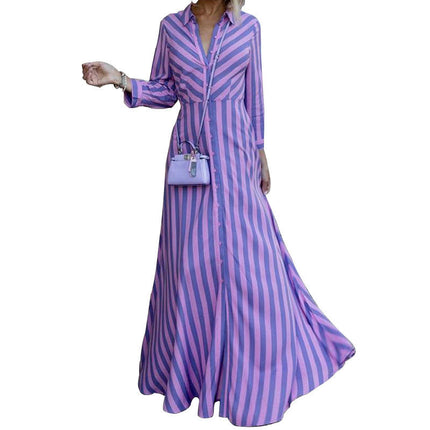 Women's Long Sleeve V Neck Stripe Print Button Down Flowy Maxi Dress