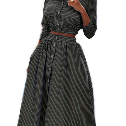 Women 2 Piece Outfit Sets Long Sleeve Shirt And Midi Skirt Set