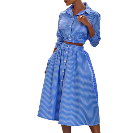 Women 2 Piece Outfit Sets Long Sleeve Shirt And Midi Skirt Set