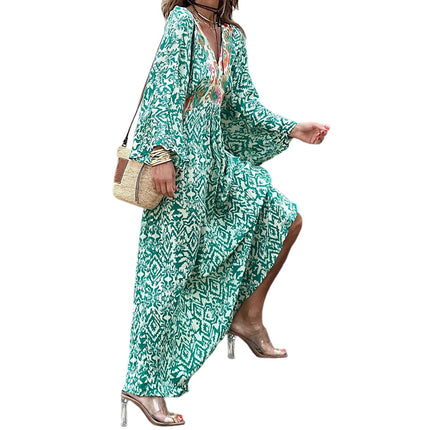 Women V Neck Maxi Dress Long Sleeve Flowy Long Dress