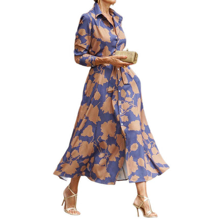 Women's Long Sleeve Casual Button Down Shirt A-Line Flowy Midi Dress