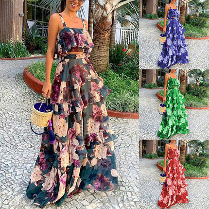 Women's Floral Crop Top Maxi Skirts Set 2 Piece Outfit Dress