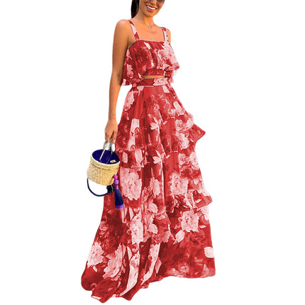 Women's Floral Crop Top Maxi Skirts Set 2 Piece Outfit Dress