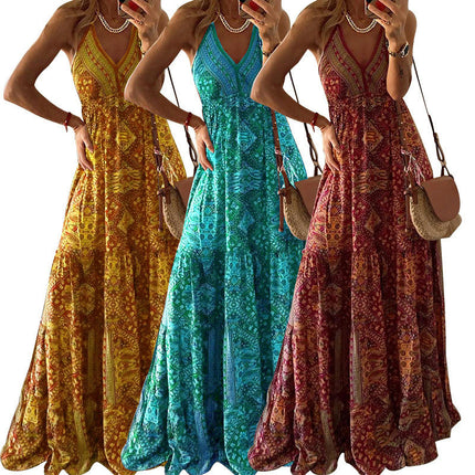 Women's Spaghetti Strap V Neck Floral Boho Beach Maxi Dress