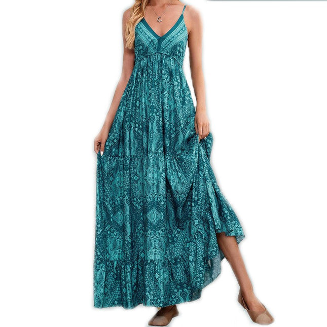 Women's Spaghetti Strap V Neck Floral Boho Beach Maxi Dress