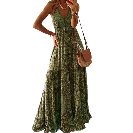 Women's Spaghetti Strap V Neck Floral Boho Beach Maxi Dress