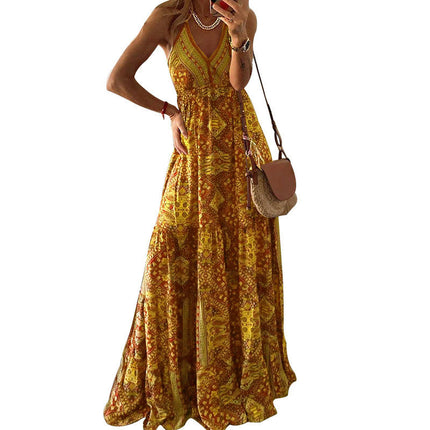 Women's Spaghetti Strap V Neck Floral Boho Beach Maxi Dress