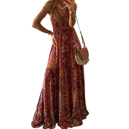 Women's Spaghetti Strap V Neck Floral Boho Beach Maxi Dress