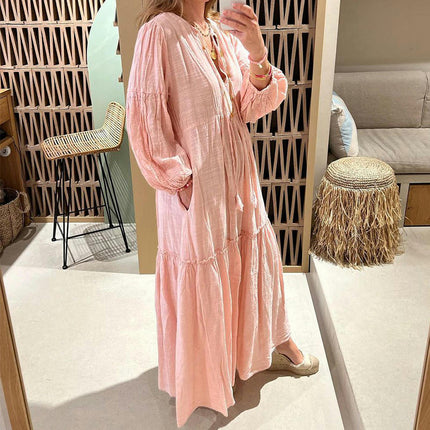 Women's Fall Maxi Dress Long Sleeve V Neck A Line Flowy Dresses