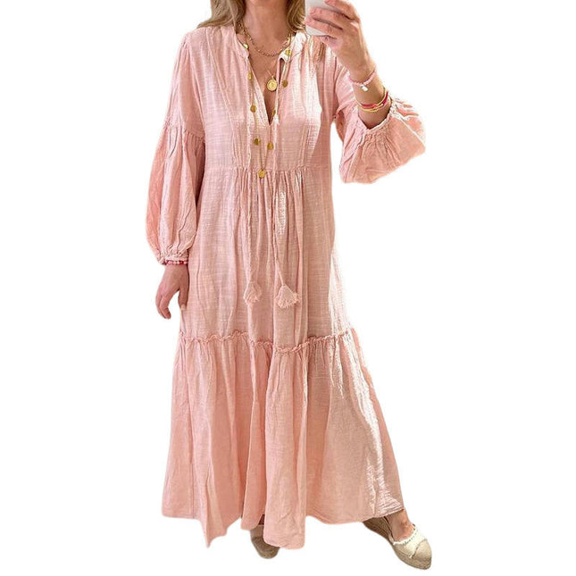 Women's Fall Maxi Dress Long Sleeve V Neck A Line Flowy Dresses