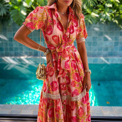 Women Boho Floral Maxi Dress Flowy V Neck Short Sleeve Beach Long Dress